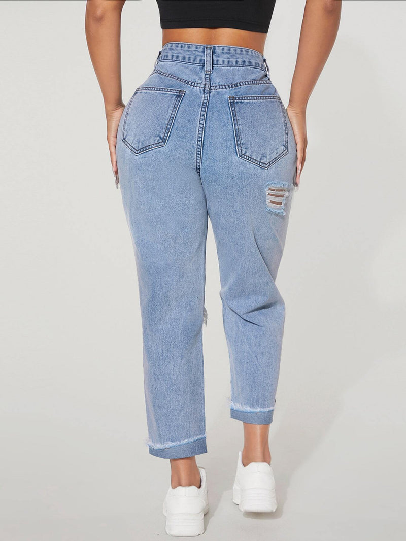 PETITE Jeans de pierna recta de talle alto desgarro bajo de doblez