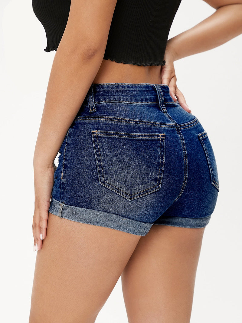 PETITE Shorts en mezclilla de talle alto desgarro