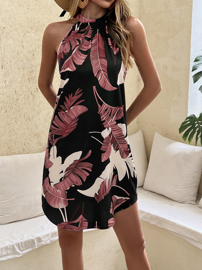 VCAY Vestido con estampado tropical de cuello halter bajo curvo