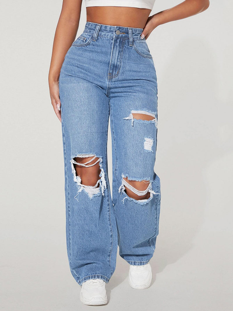 PETITE Jeans de pierna recta de talle alto desgarro