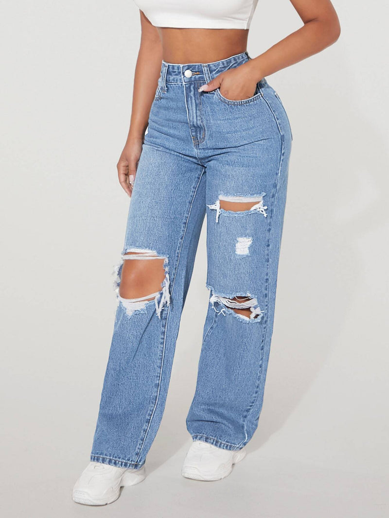 PETITE Jeans de pierna recta de talle alto desgarro