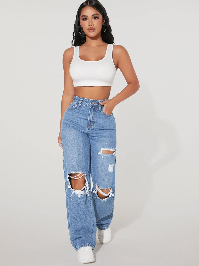 PETITE Jeans de pierna recta de talle alto desgarro