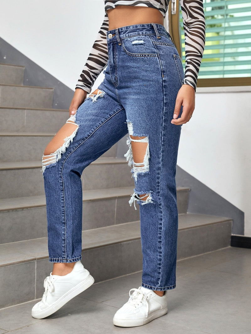 EZwear Jeans desgarro de talle alto de pierna recta