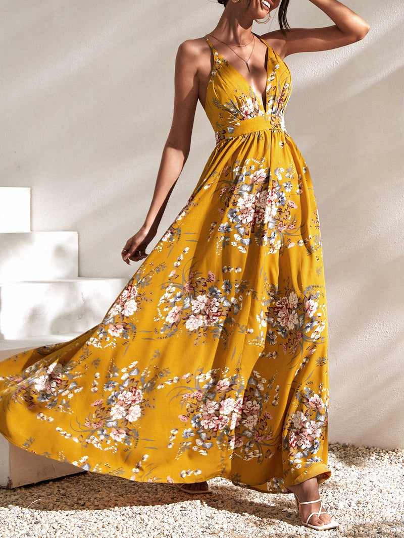 VCAY Vestido maxi floral de espalda abierta con tiras cruzadas