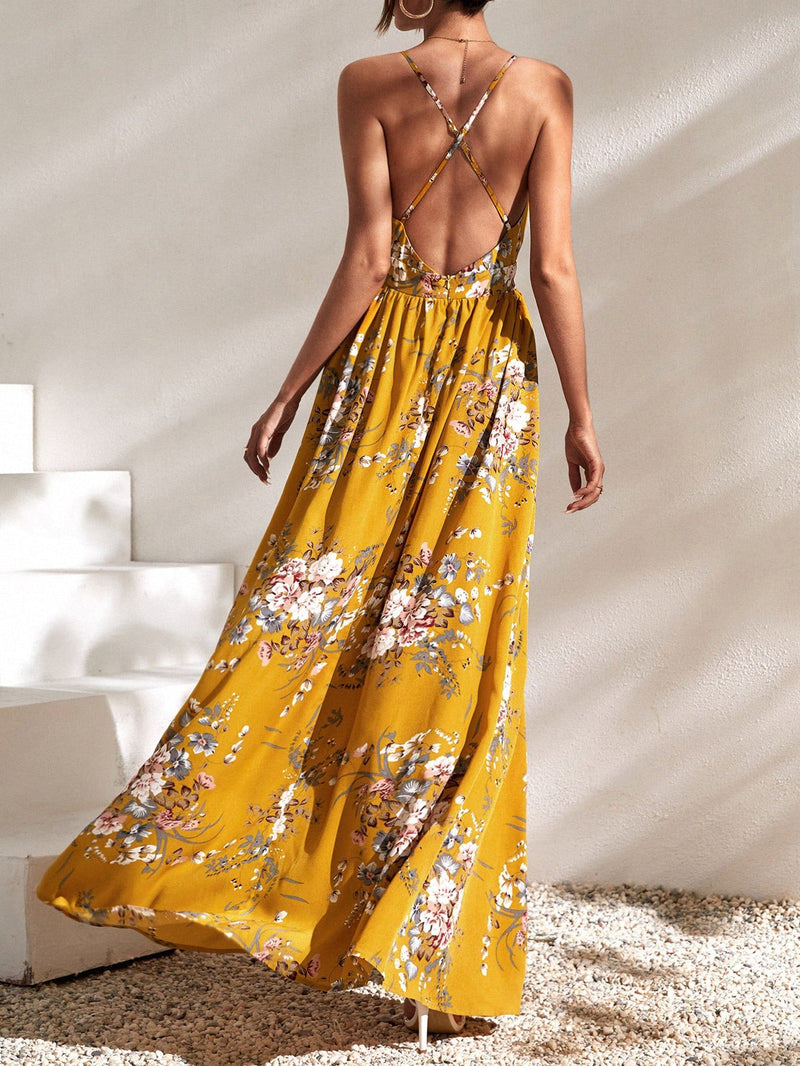 VCAY Vestido maxi floral de espalda abierta con tiras cruzadas