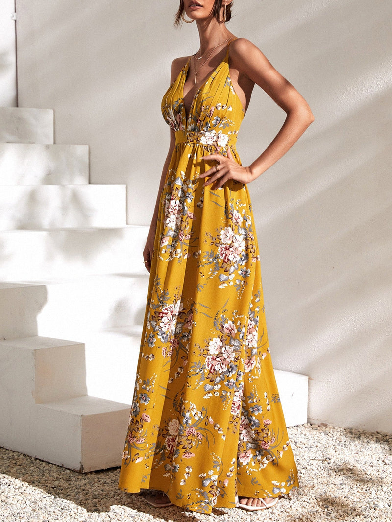 VCAY Vestido maxi floral de espalda abierta con tiras cruzadas