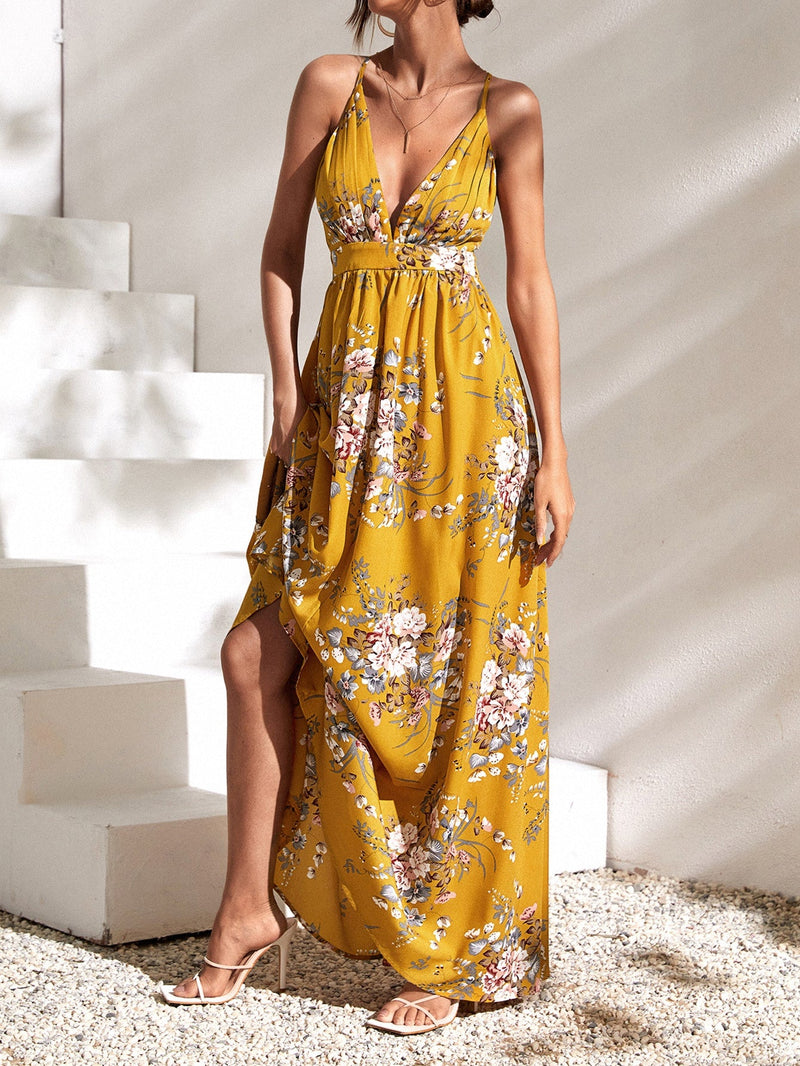 VCAY Vestido maxi floral de espalda abierta con tiras cruzadas