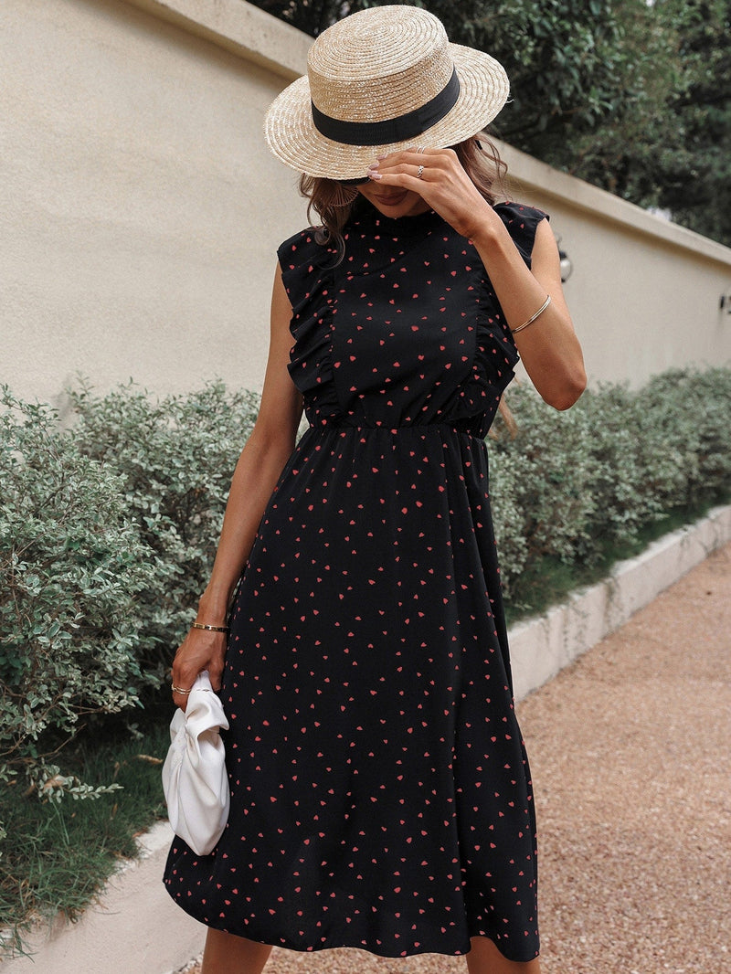 Vestido al azar con estampado de corazon de confeti de cuello con fruncido ribete con fruncido