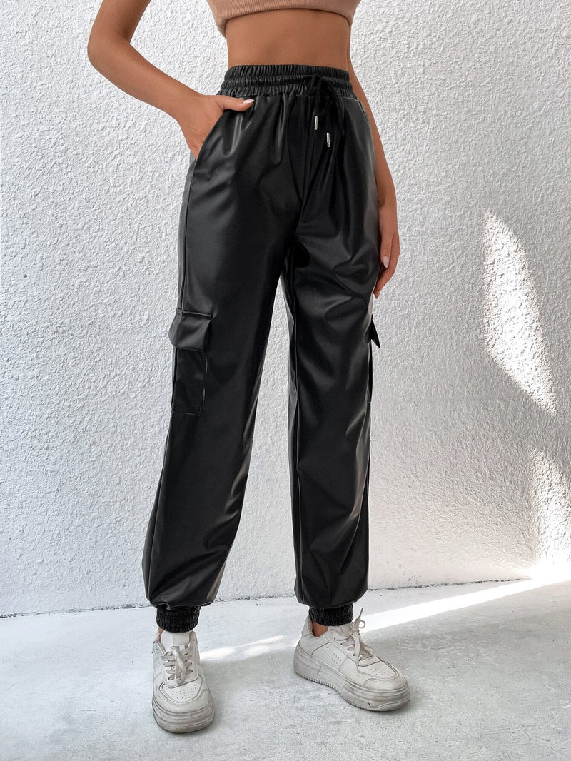 EZwear Pantalones de cintura con cordon con bolsillo lateral con solapa PU