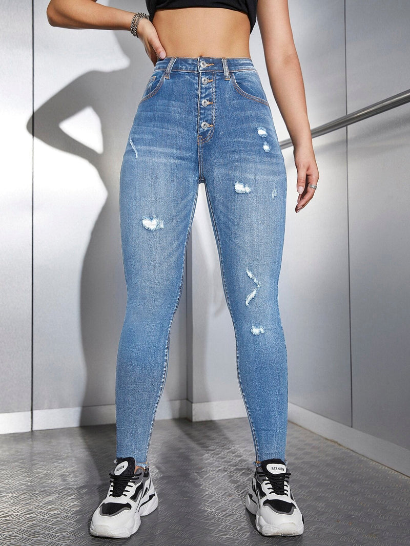 EZwear Jeans ajustados desgarro de talle alto con boton