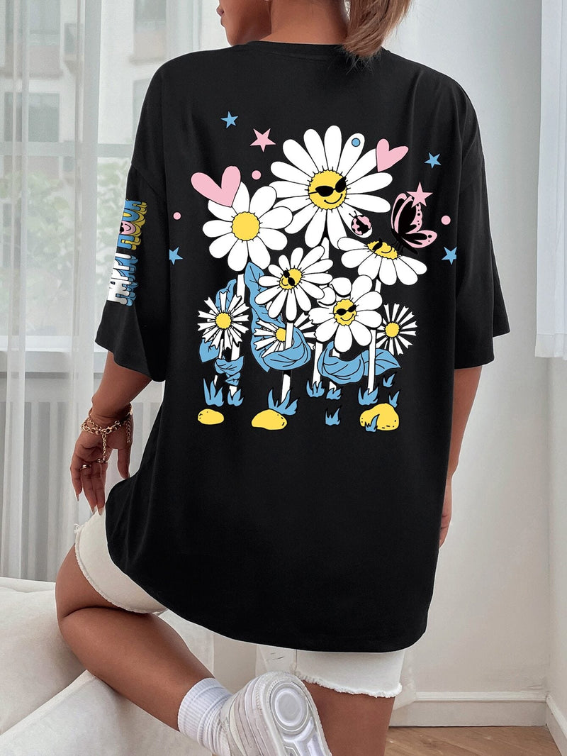 Camiseta de hombros caidos con estampado floral con letra