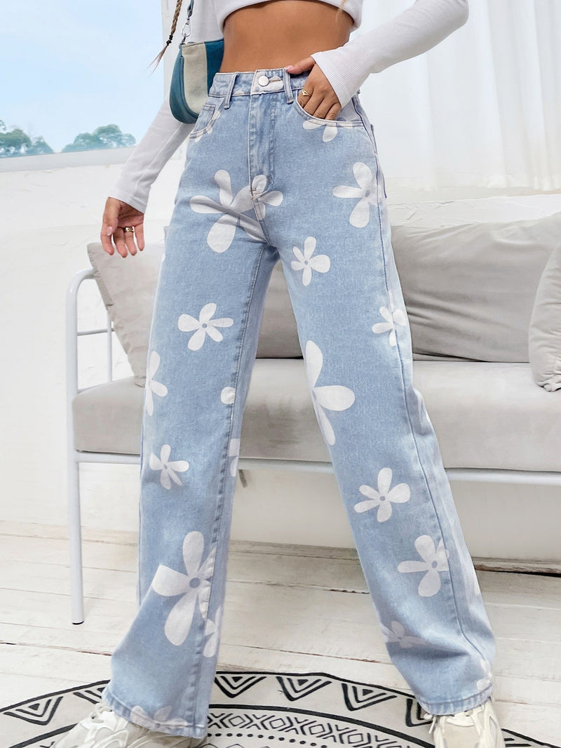 Jeans de pierna recta con estampado floral