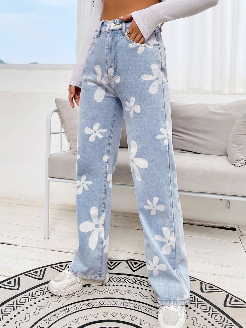 Jeans de pierna recta con estampado floral