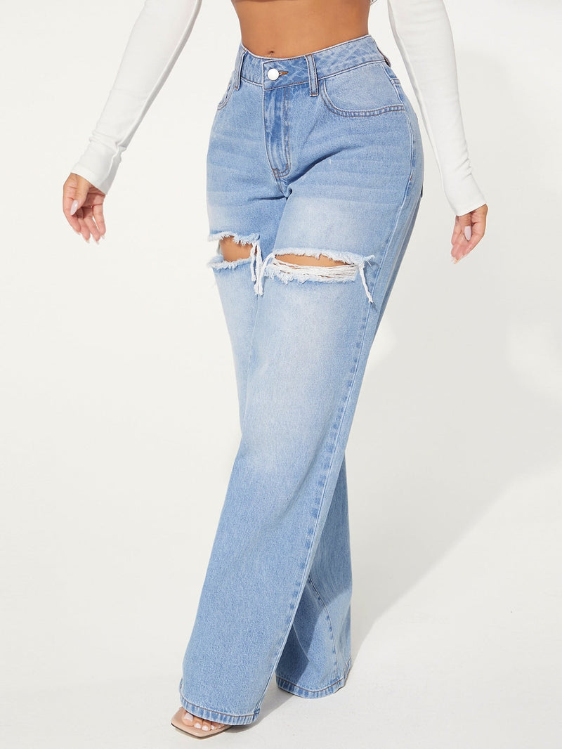 SXY Jeans con boton con abertura desgarro crudo de pierna ancha