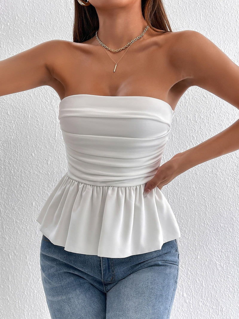 PETITE Top Corto De Tubo De Mujeres Con Cintura Plisada, Sin Espalda Y Con Peplum