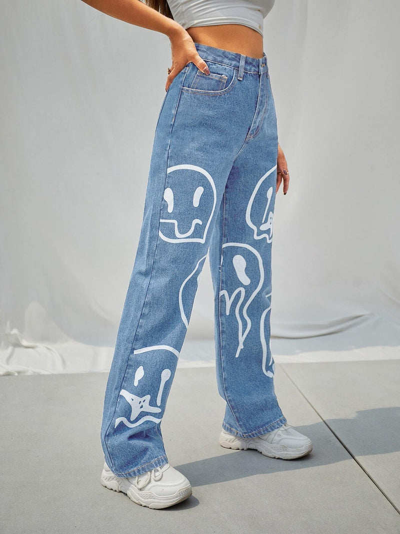 EZwear Jeans de talle alto con estampado de dibujos animados de pierna ancha