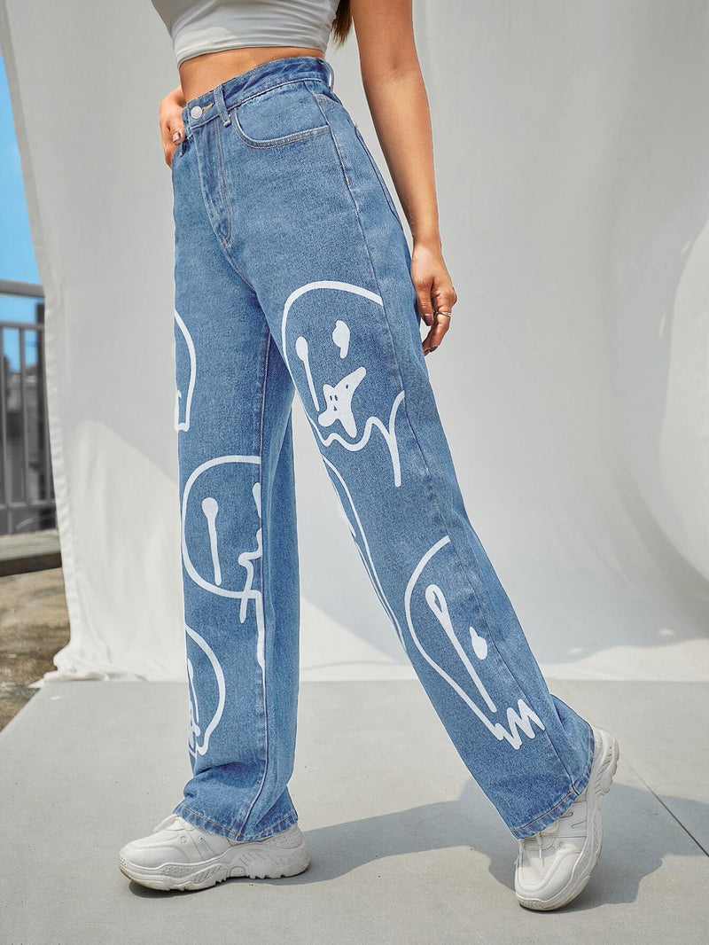 EZwear Jeans de talle alto con estampado de dibujos animados de pierna ancha