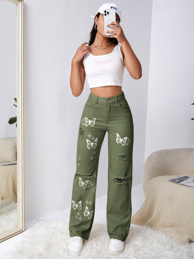 EZwear Jeans con diseno de desgarro con mariposa