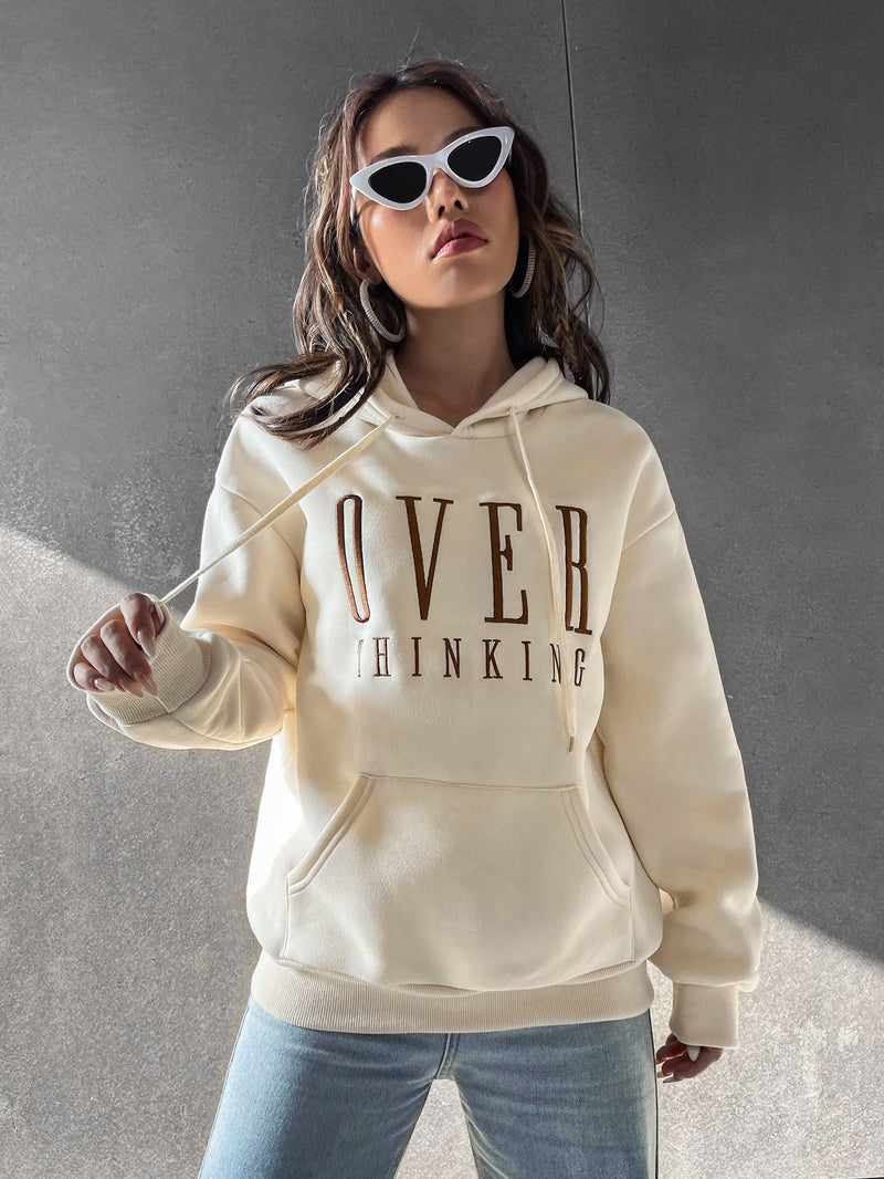 Moosta sudadera con capucha holgada de manga larga con estampado grafico "sobre pensar" para mujer, otono/invierno