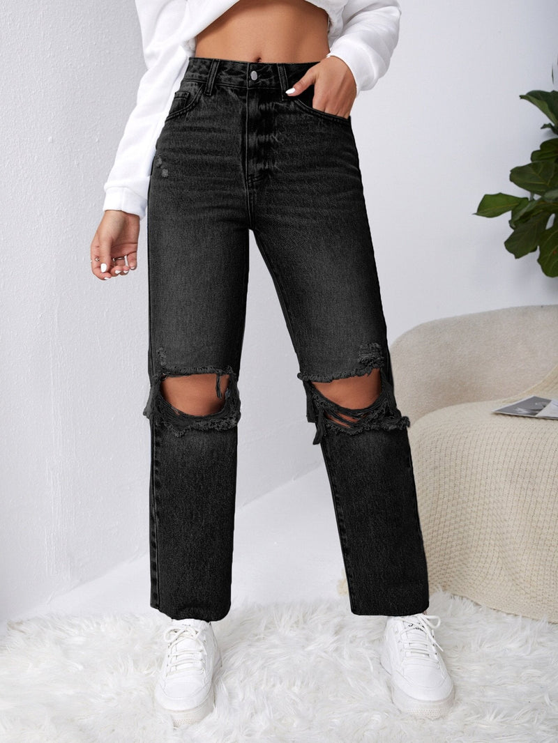 EZwear Jeans de pierna recta desgarro ribete sin dobladillo