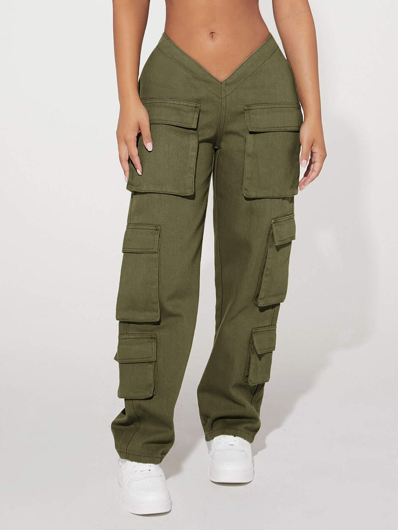 PETITE Jeans cargo cintura cortada en V con bolsillo con solapa