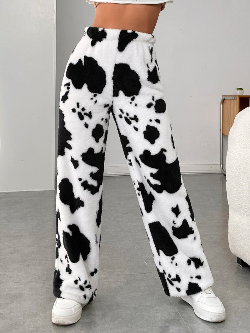 Pantalones de talle alto con estampado de vaca de lana