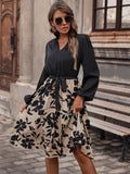 Vestido con cinturon con estampado floral de manga farol de cuello notch
