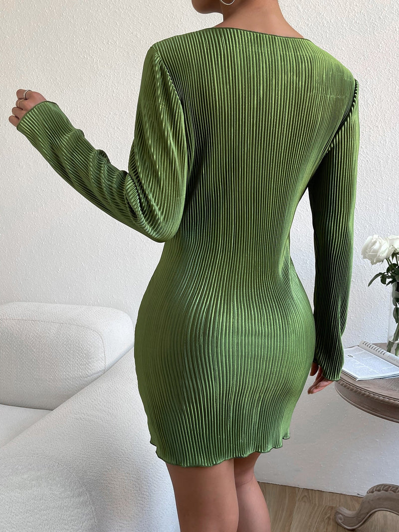 EZwear Vestido ajustado unicolor ribete en forma de lechuga tejido de canale