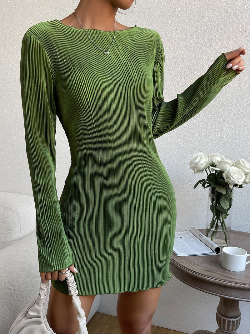 EZwear Vestido ajustado unicolor ribete en forma de lechuga tejido de canale