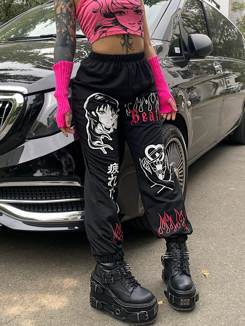 ROMWE Anime Pantalones con letra figura & con estampado de fuego