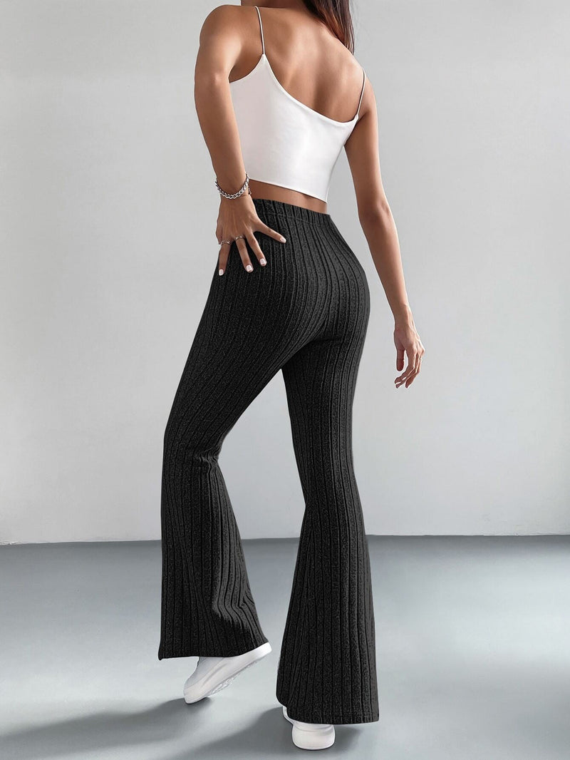 EZwear Pantalones De Pierna Acampanada De Cintura Alta De Tela Cepillada Negra