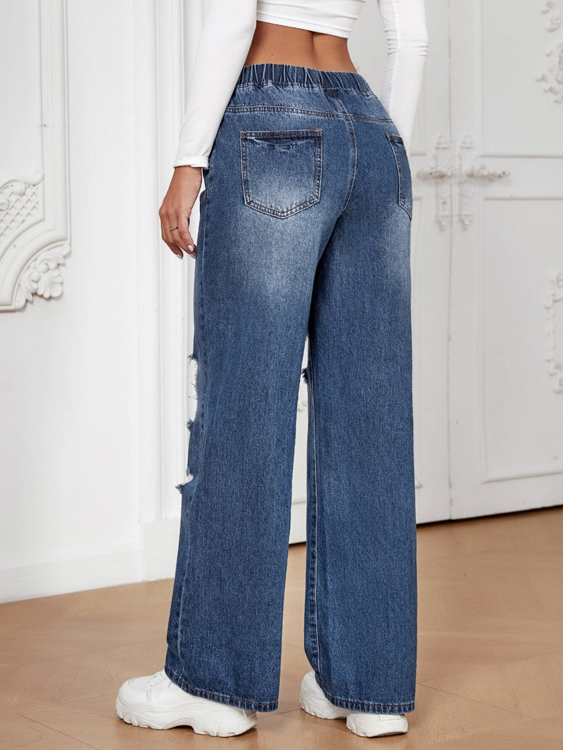 EZwear Jeans desgarro de pierna ancha de cintura con cordon con abertura