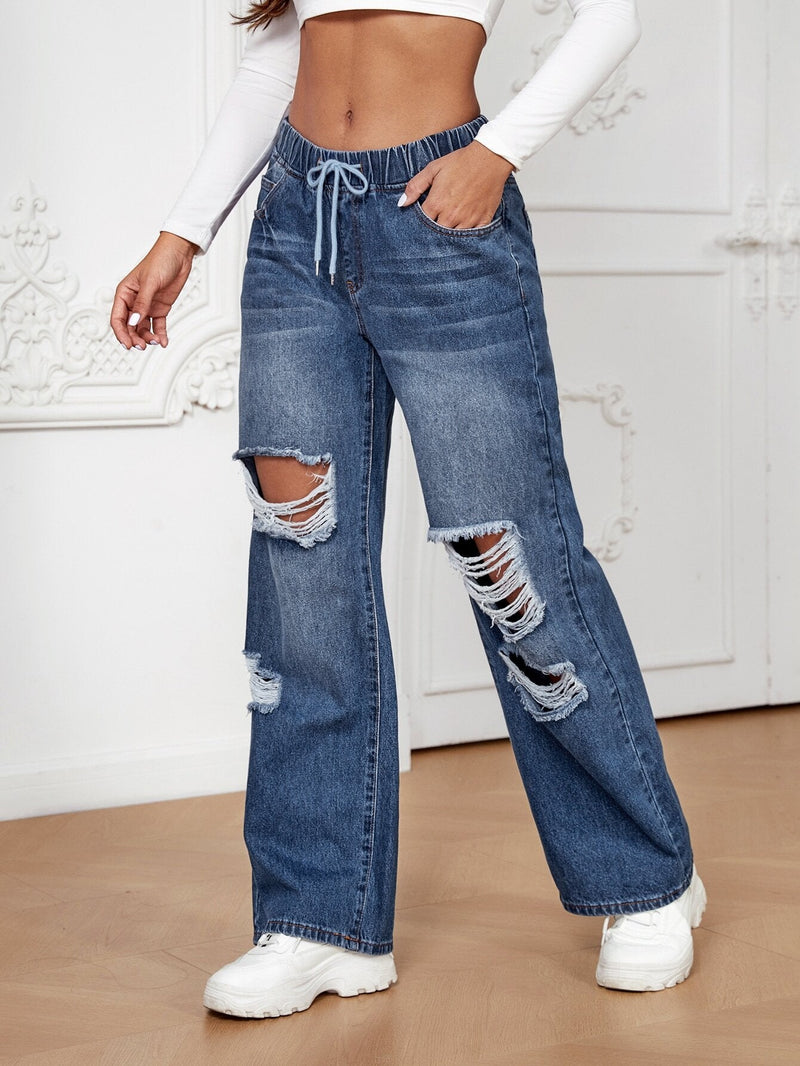 EZwear Jeans desgarro de pierna ancha de cintura con cordon con abertura