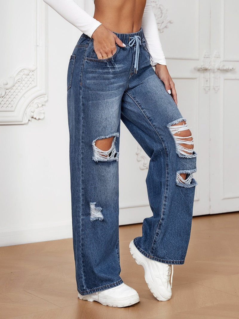 EZwear Jeans desgarro de pierna ancha de cintura con cordon con abertura