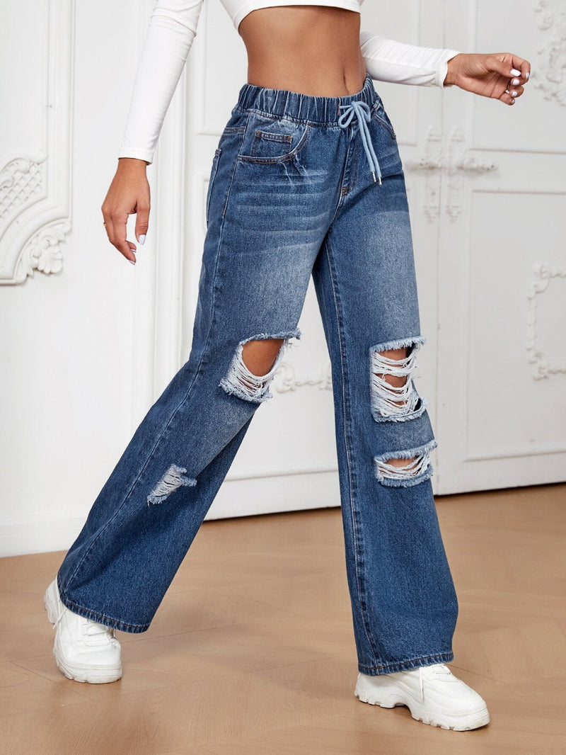 EZwear Jeans desgarro de pierna ancha de cintura con cordon con abertura