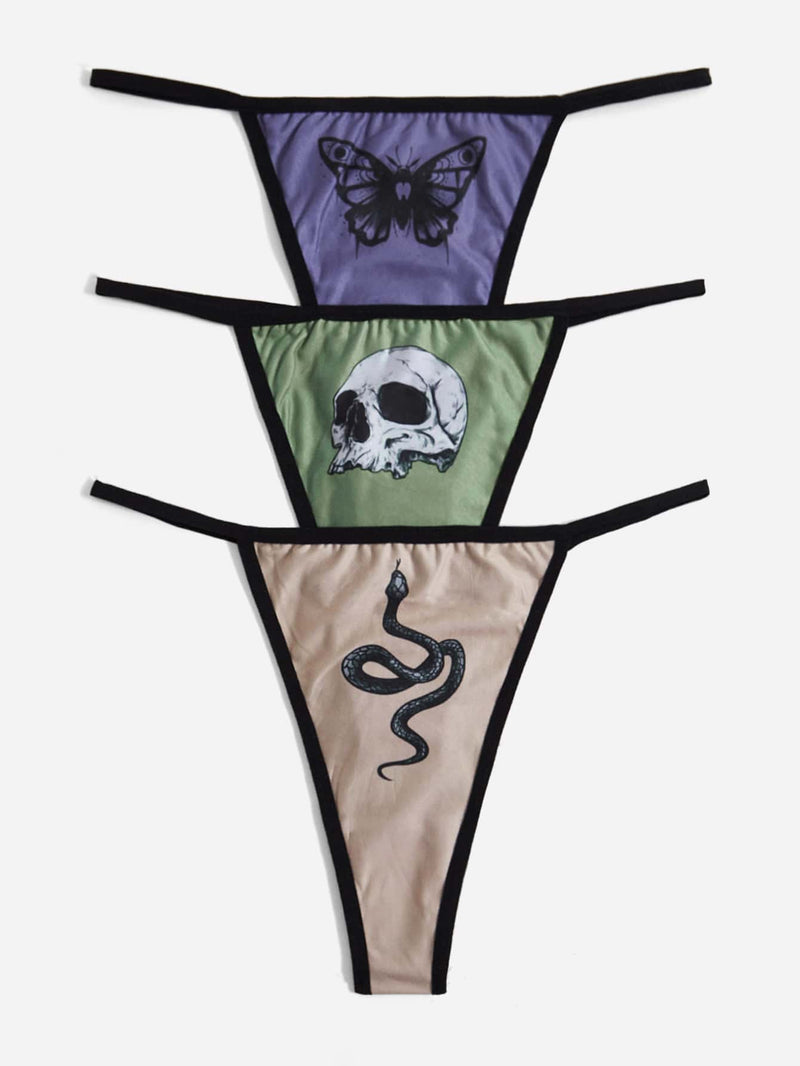 ROMWE Goth 3 piezas Set bragas con estampado de craneo & de mariposa