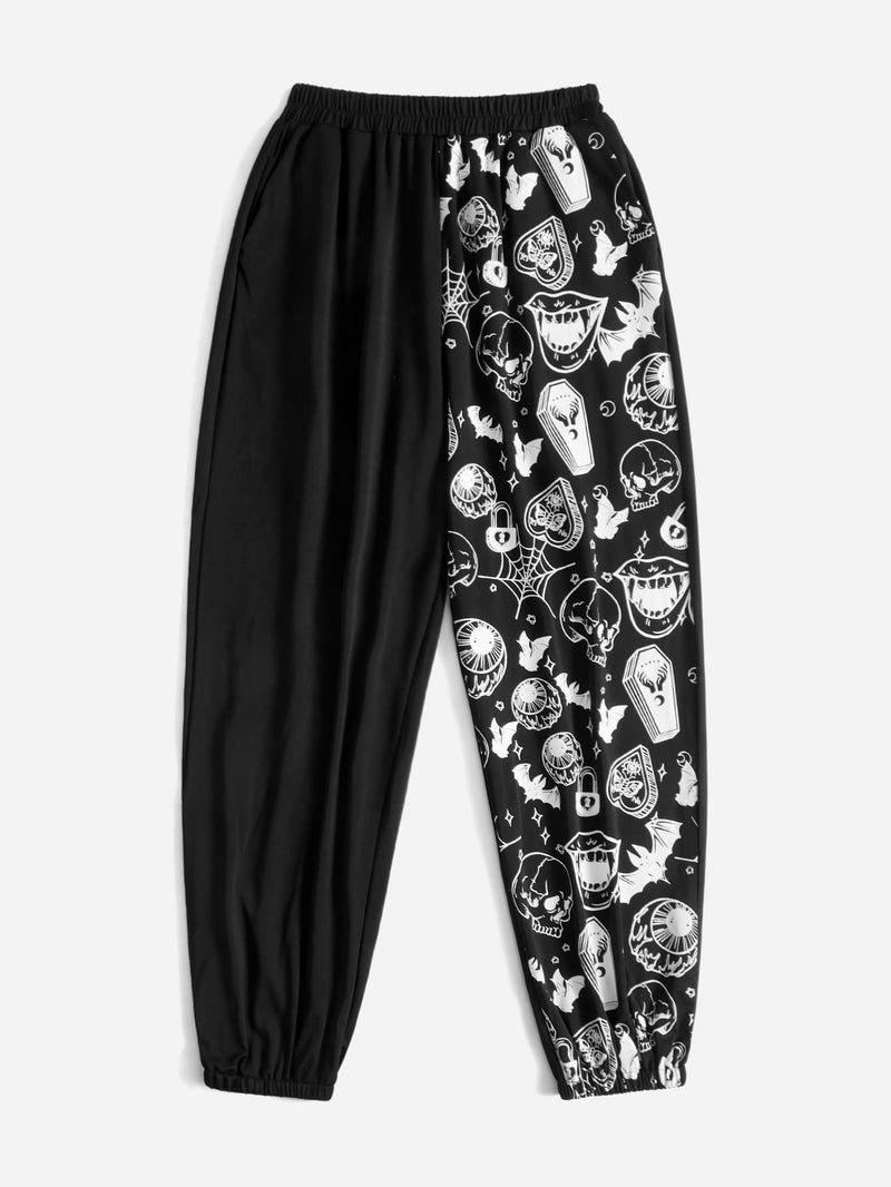 ROMWE Goth Pantalones deportivos con estampado de craneo