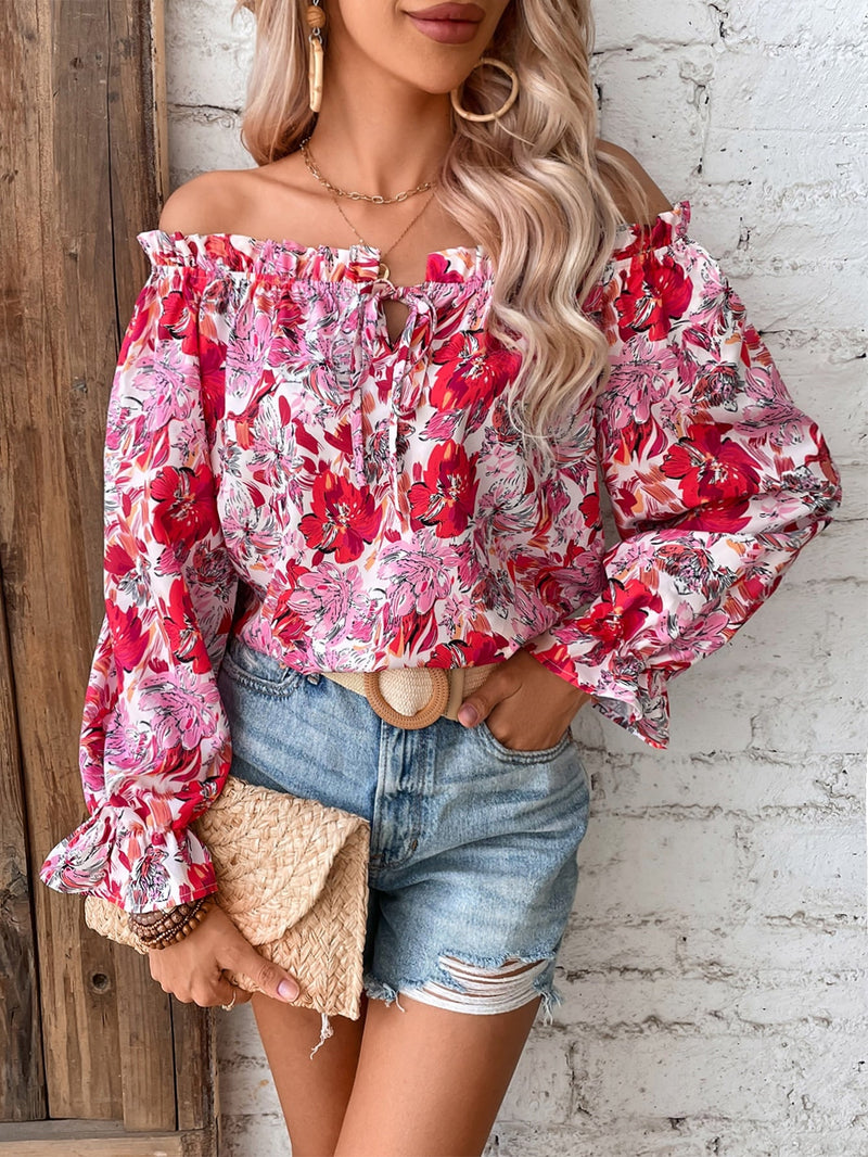 VCAY Blusa con estampado floral de hombros descubiertos de manga con volante ribete con fruncido