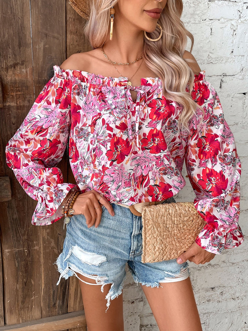 VCAY Blusa con estampado floral de hombros descubiertos de manga con volante ribete con fruncido