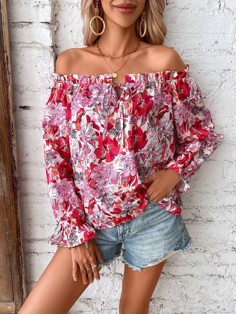 VCAY Blusa con estampado floral de hombros descubiertos de manga con volante ribete con fruncido