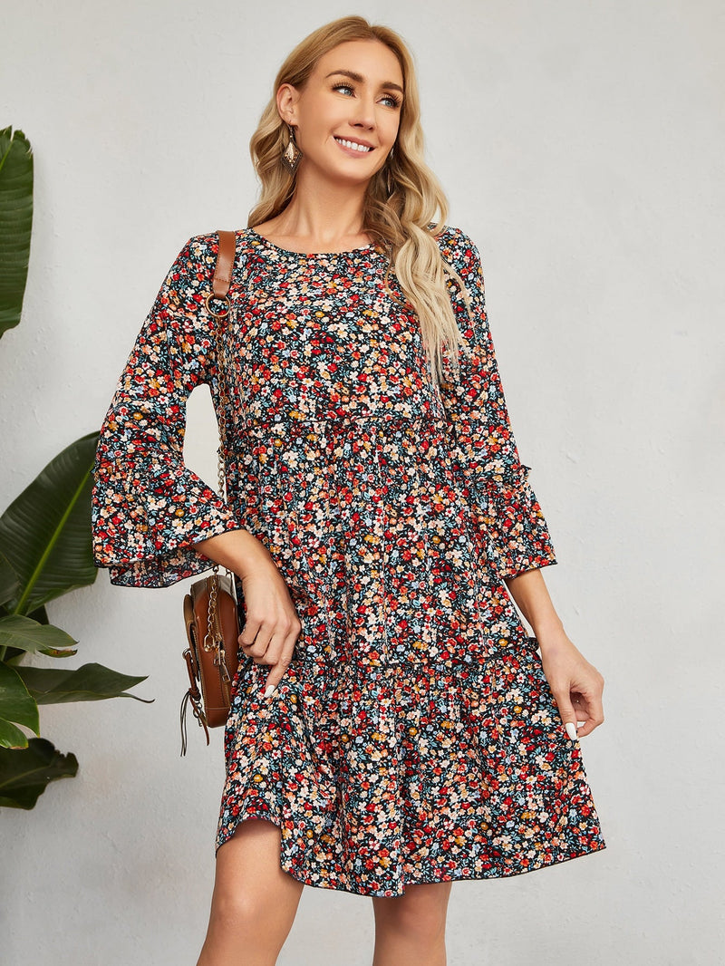 EMERY ROSE Vestido smock con estampado floral de manga amplia bajo con fruncido