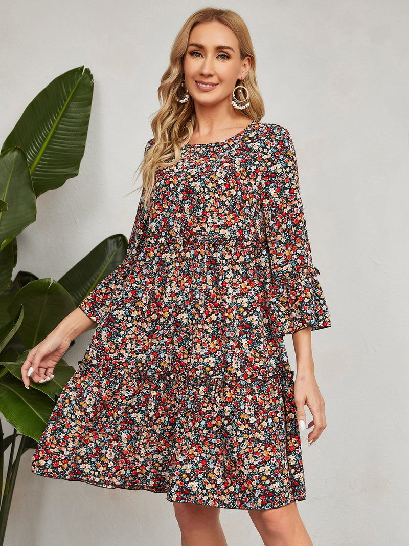 EMERY ROSE Vestido smock con estampado floral de manga amplia bajo con fruncido