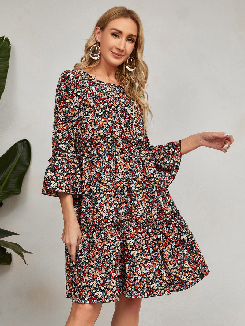 EMERY ROSE Vestido smock con estampado floral de manga amplia bajo con fruncido