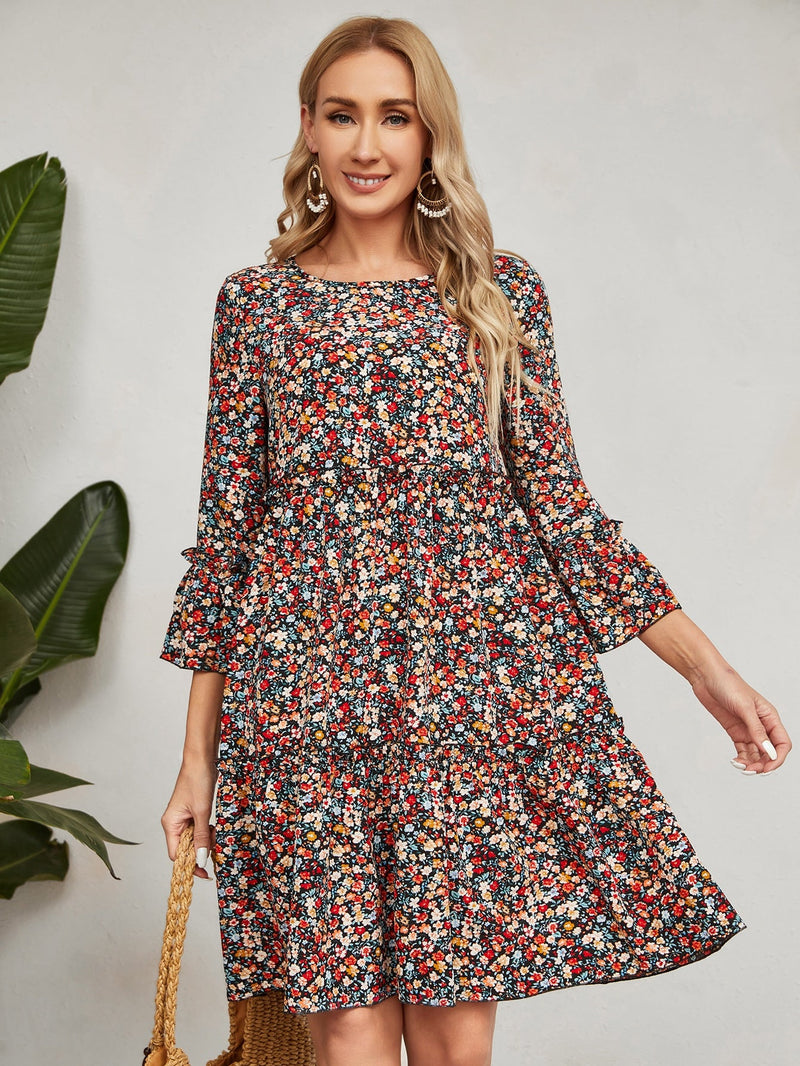 EMERY ROSE Vestido smock con estampado floral de manga amplia bajo con fruncido