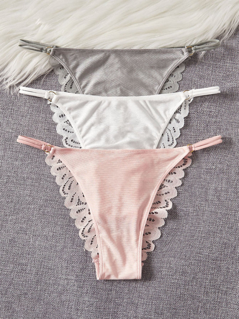 Conjunto De Lenceria Con Encaje Y Panty, 3 Unidades Por Paquete