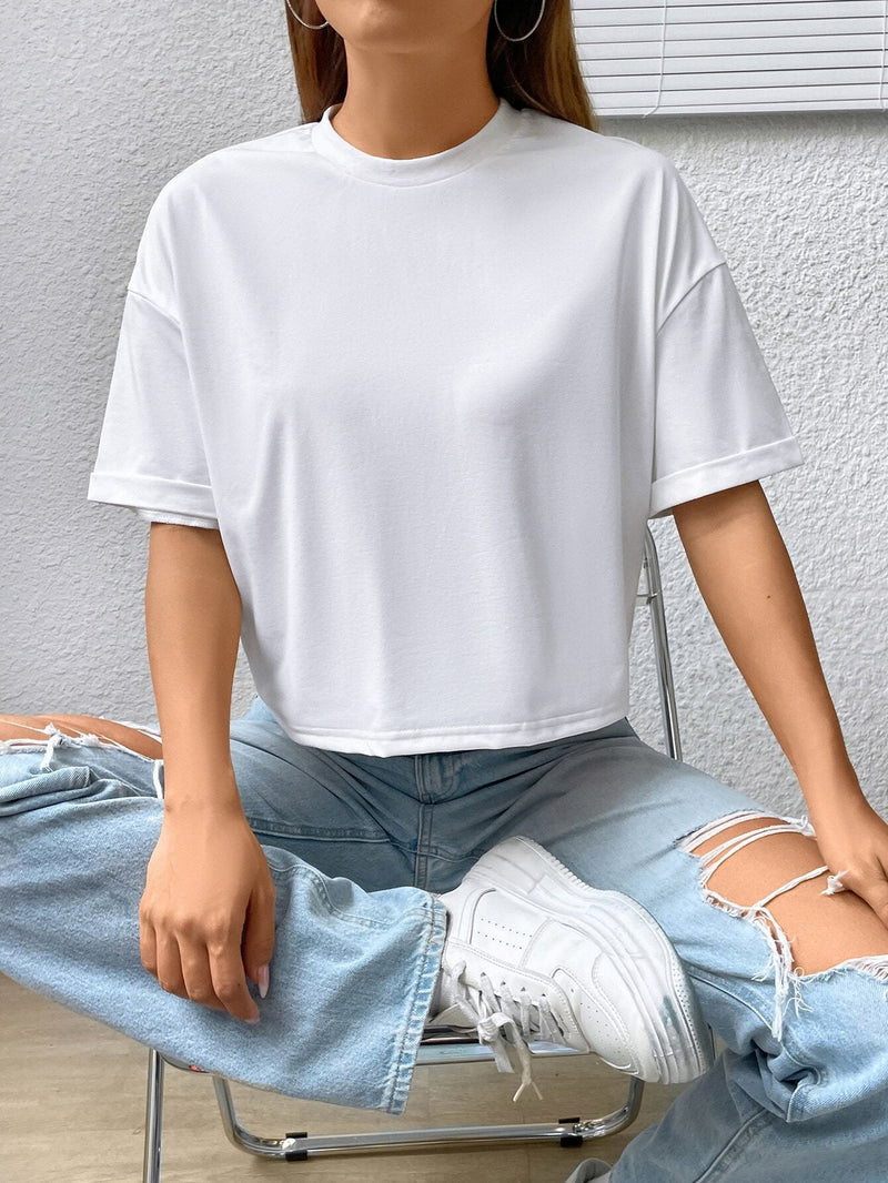 Camiseta Blanca Casual Para Mujer Con Hombros Caidos Y Diseno Oversize Para Verano