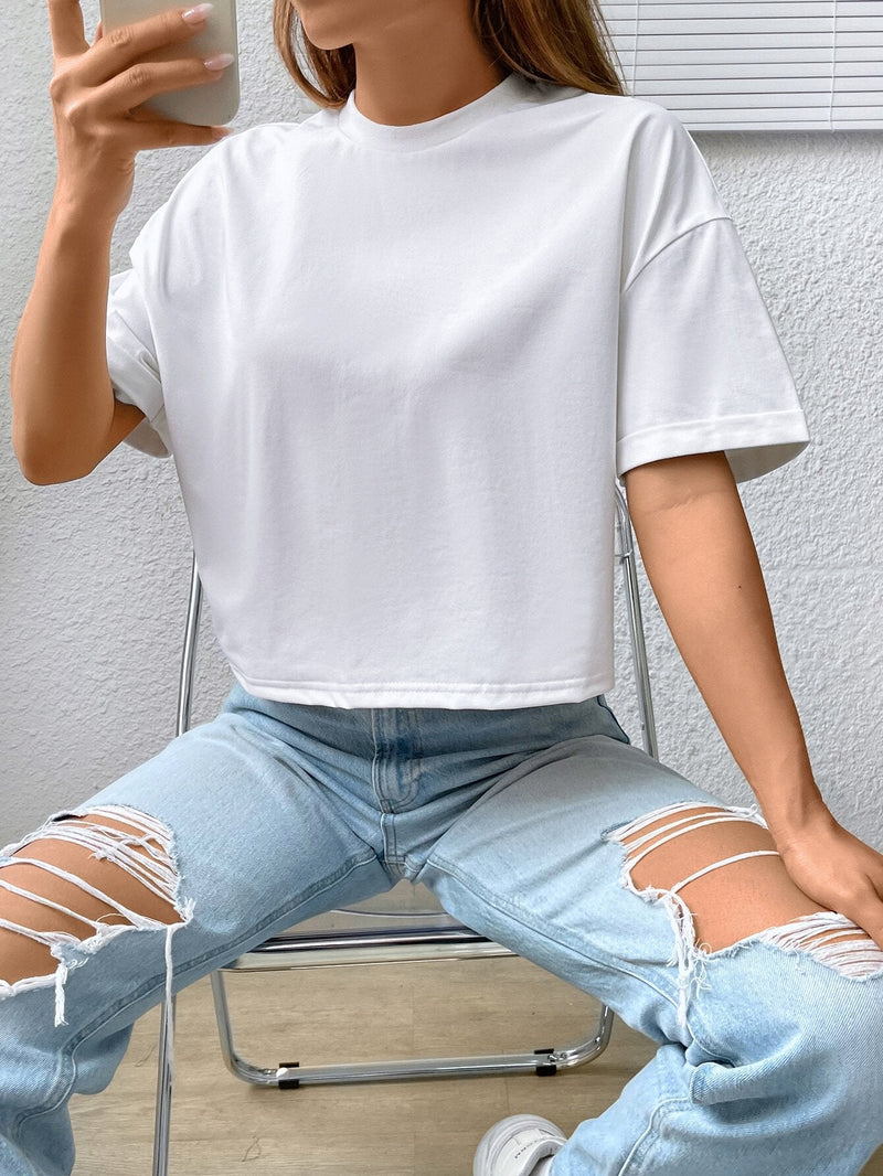 Camiseta Blanca Casual Para Mujer Con Hombros Caidos Y Diseno Oversize Para Verano