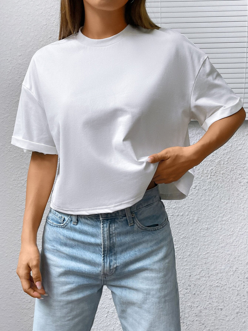 Camiseta Blanca Casual Para Mujer Con Hombros Caidos Y Diseno Oversize Para Verano