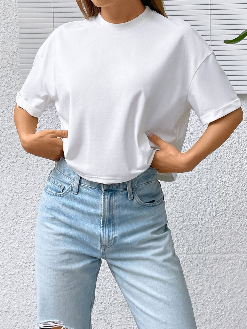 Camiseta Blanca Casual Para Mujer Con Hombros Caidos Y Diseno Oversize Para Verano