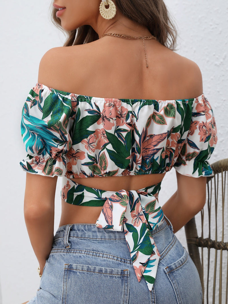 VCAY Blusa con estampado floral de hombros descubiertos con cordon trasero crop playa